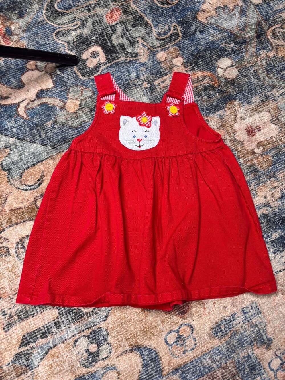 Vintage Toddler Girl's Red Corduroy Cat Appliqué Jumper Dress Size 3T